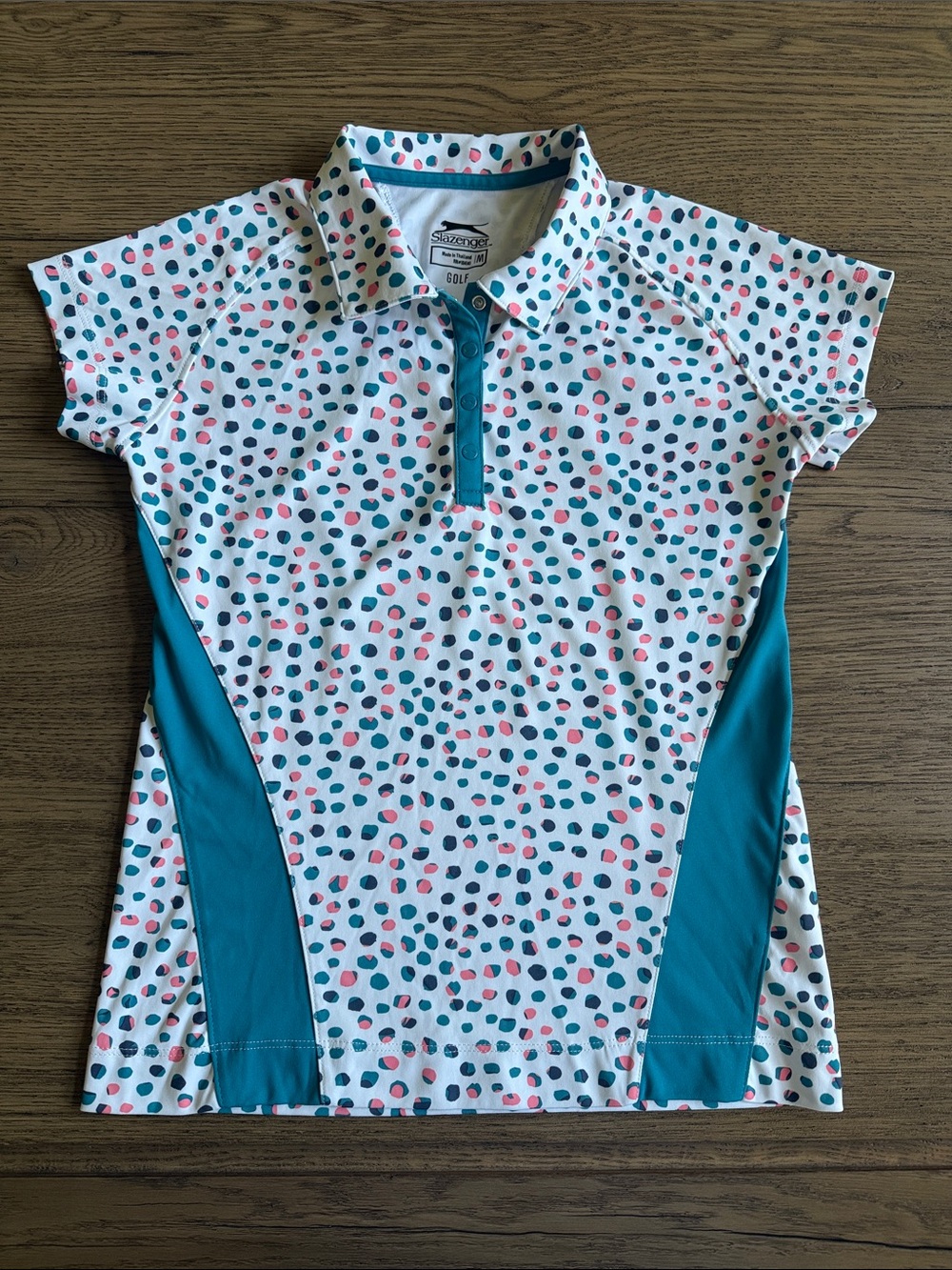 Slazenger White Polo Tee with Teal Panels and Teal & Coral Dot Print